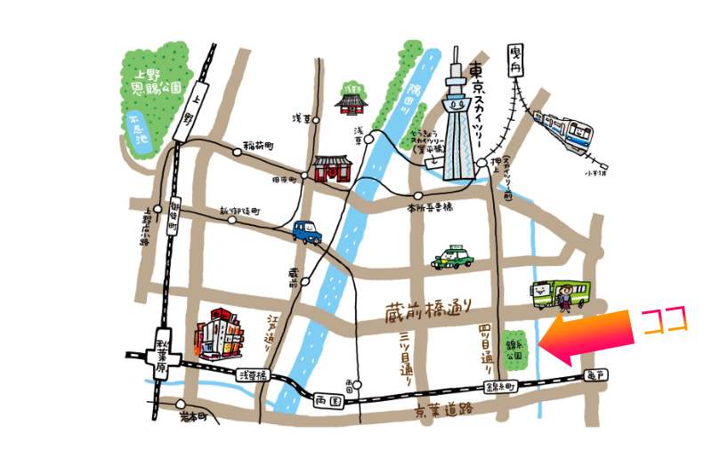 錦糸公園とスカイツリーの位置関係をの場所を示した手書き地図