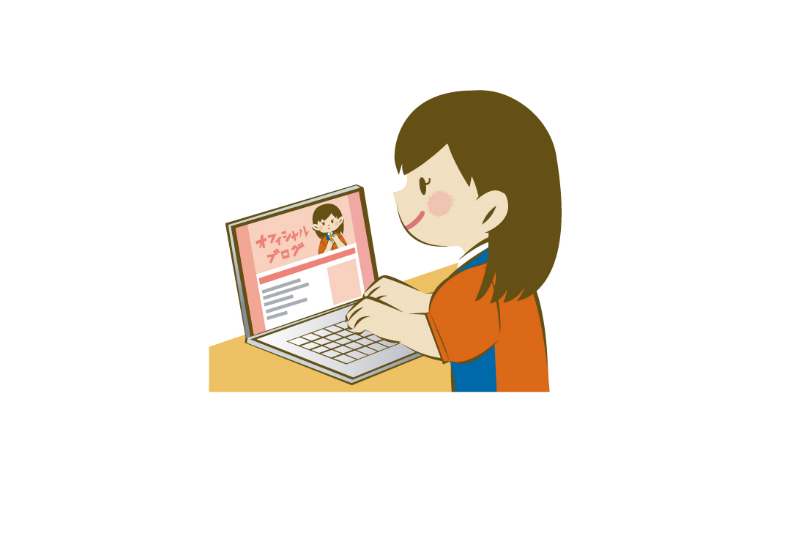 女性がパソコンに向かいブログを始めているイラスト