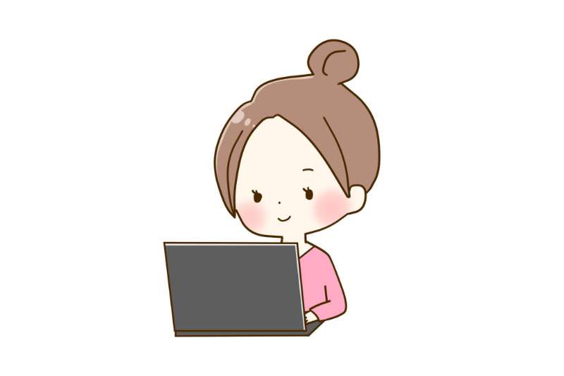 ノートパソコンを見つめて作業する女性のイラスト